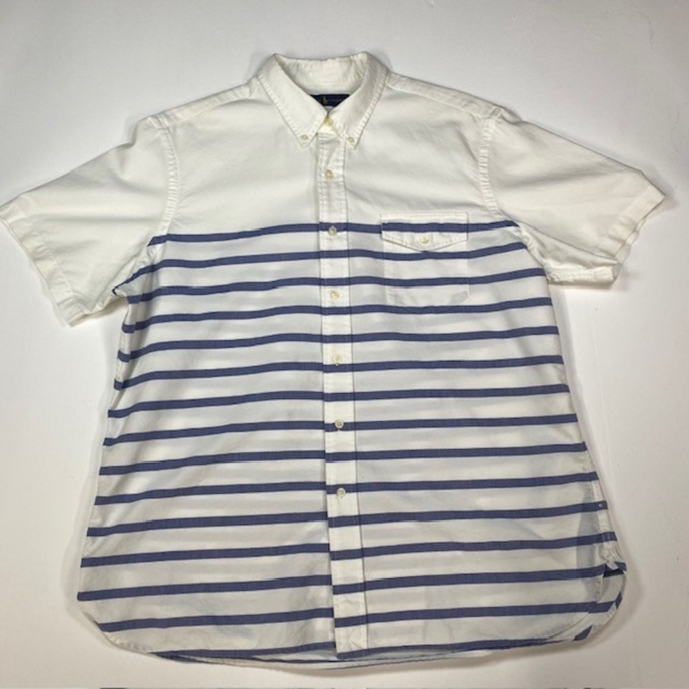 Ralph Lauren XL Mens White Blue Striped Short Sleeve Button Down‎ Casual Shirt